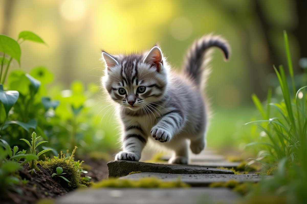 Chaton angora gris explorant un jardin vert et ensoleille