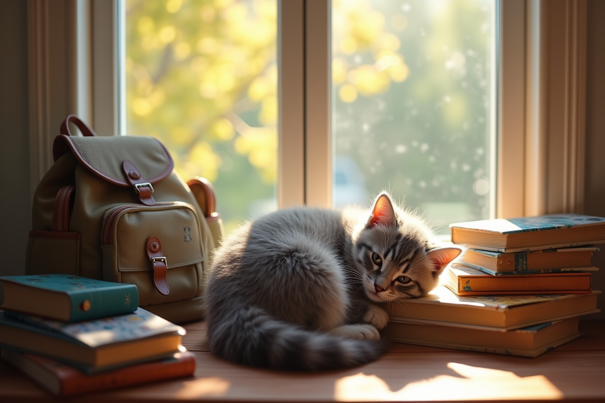 Chaton angora gris pelucheux sur une fenêtre ensoleillée