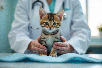 Jeune chaton tigré sur la table d'examen vétérinaire
