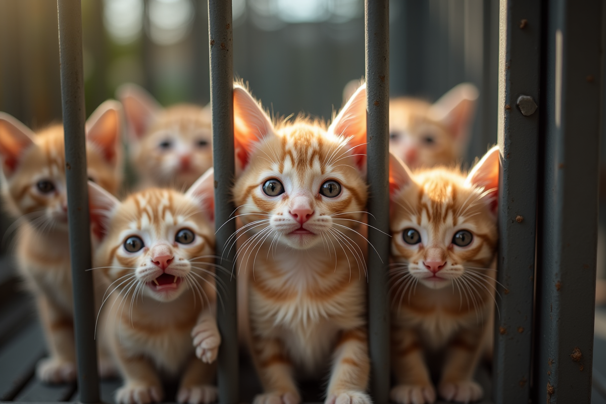 Groupe de chatons regardant à travers une cage d