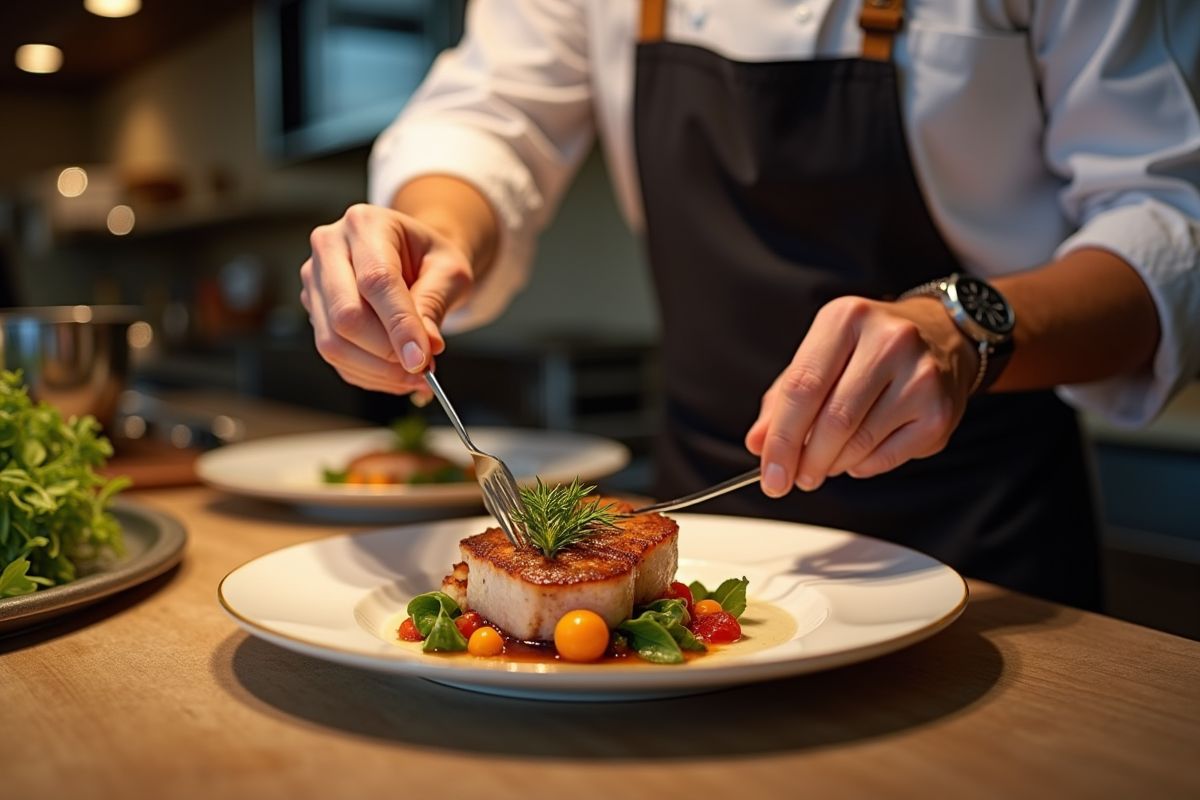 Chef préparant une blanquette de veau dans une cuisine moderne