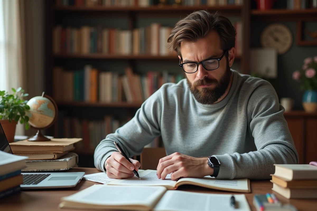 Chercheur annotatnt des articles académiques sur le concept de terme paradigmatique dans un bureau entouré de livres de référence