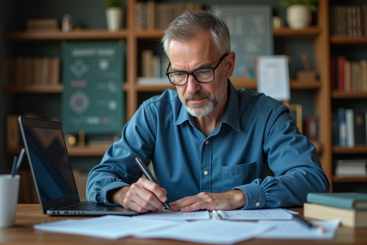 Homme d'âge moyen utilisant un ordinateur pour calculs magnétiques
