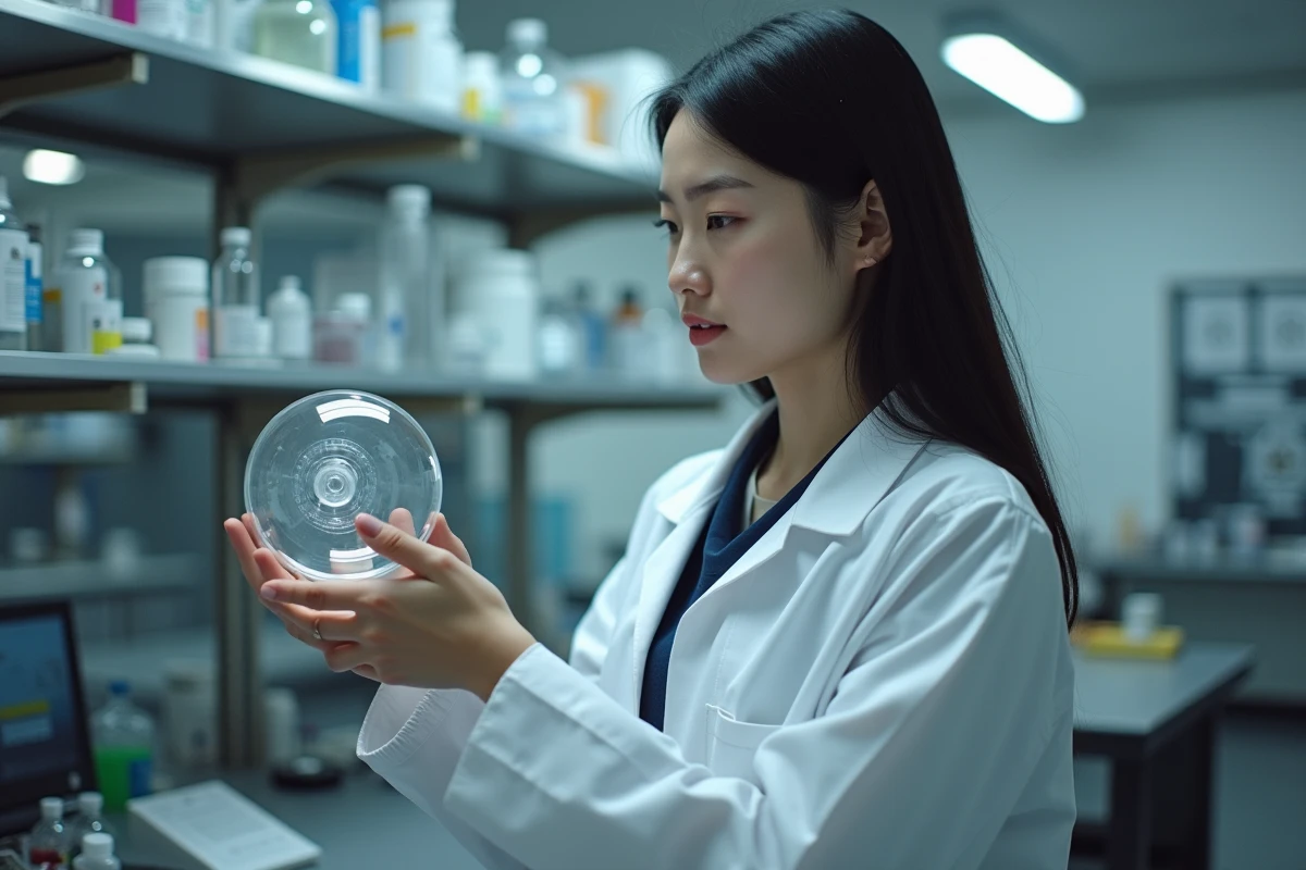 Jeune femme scientifique examinant une pile à hydrogène dans un laboratoire