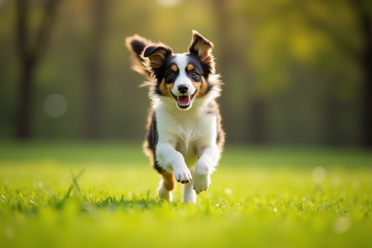 Chien australian shepherd adulte courant dans un parc vert en plein jour