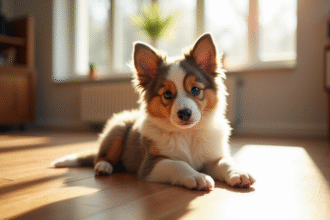 Chiot australian shepherd assis sur un sol en bois en salon lumineux