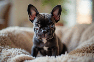 Miniature chiot French Bulldog assis sur un canapé cosy