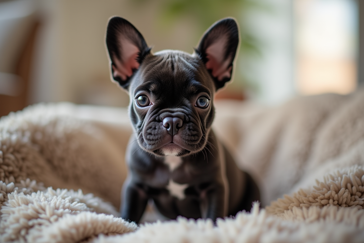 Miniature chiot French Bulldog assis sur un canapé cosy