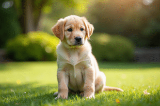 Chiot labrador assis sur la pelouse en plein jour