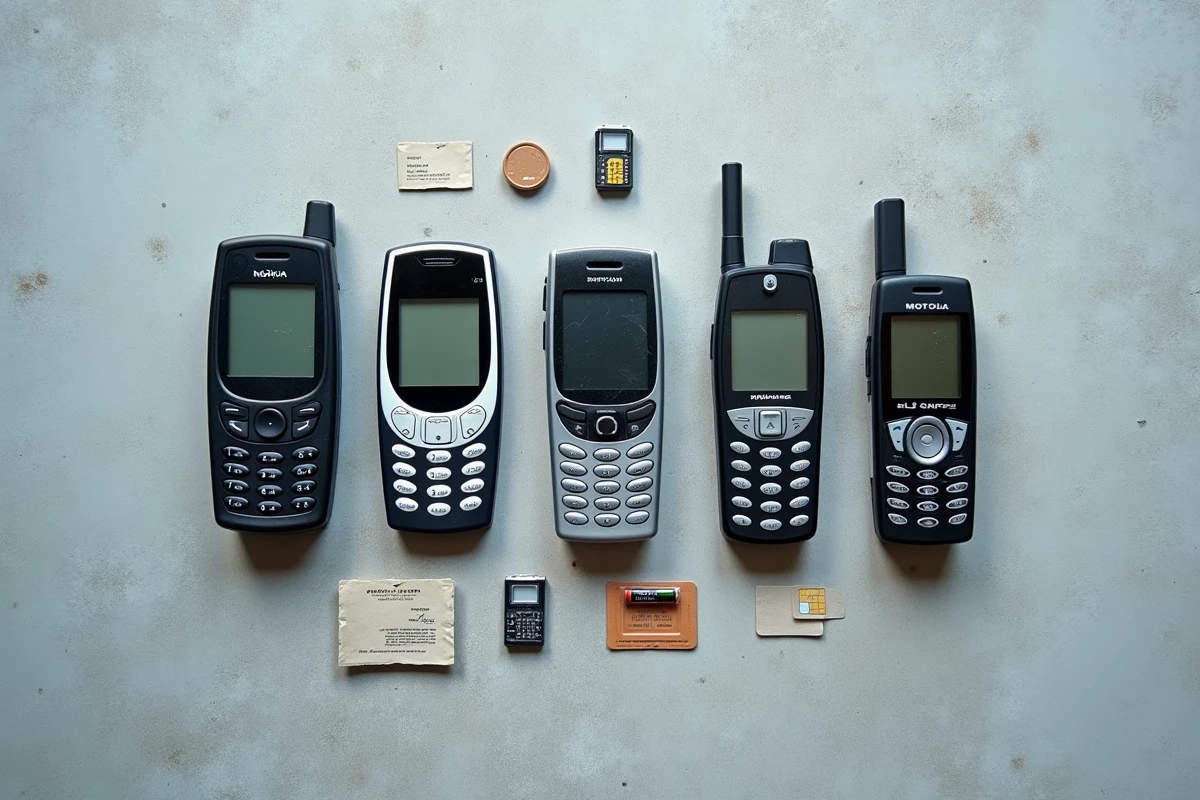 Vue aérienne d'une collection de vieux téléphones portables des années 90 et 2000 disposés sur une surface en béton, style flat lay éditorial