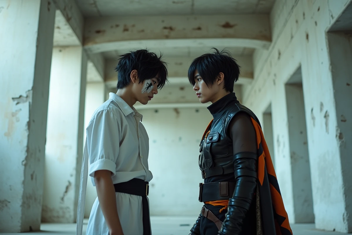 Deux cosplayers en confrontation épique dans un décor industriel évoquant le combat culte de Las Noches dans Bleach