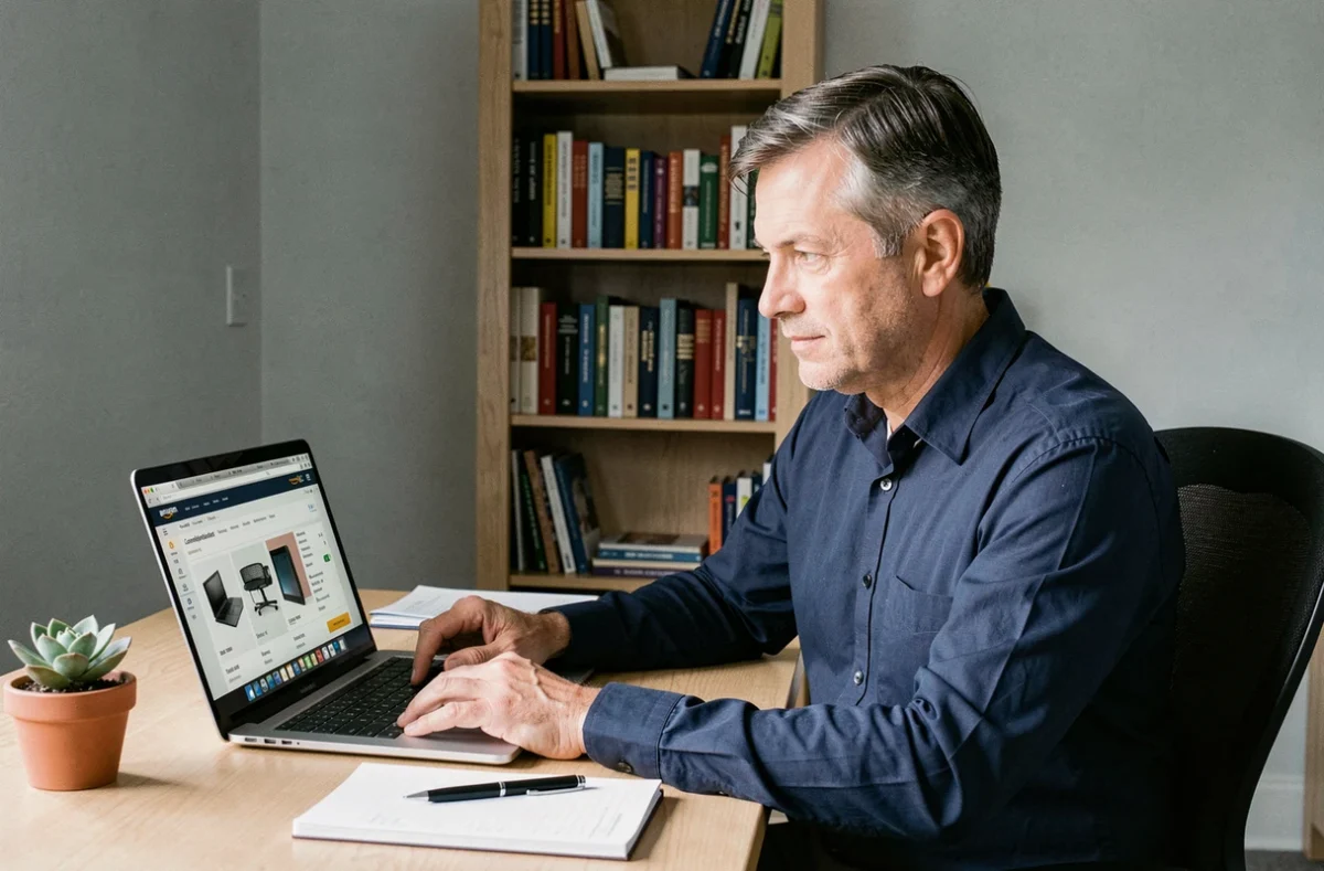 Homme comparant des offres de produits reconditionnés sur Amazon depuis son bureau à domicile