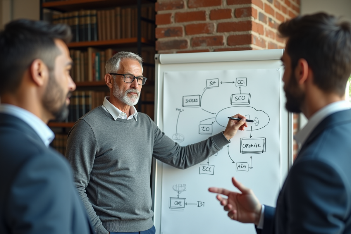 Consultant expliquant un organigramme devant deux entrepreneurs attentifs