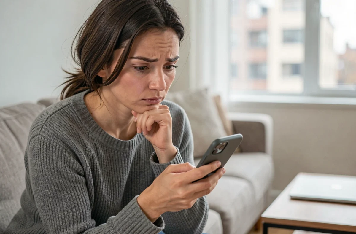 Femme adulte consultant son smartphone avec une expression prudente face à du contenu en ligne sensible