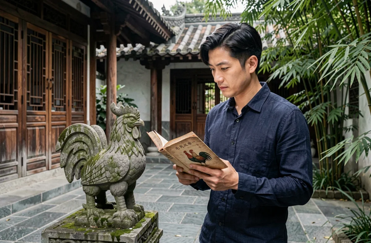 Homme tenant un livre d'astrologie chinoise dans une cour traditionnelle avec sculpture de coq en pierre