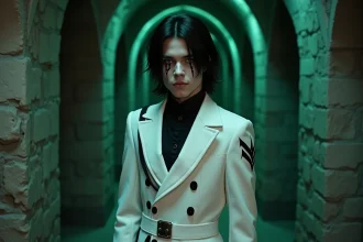 Cosplayer incarnant Ulquiorra Schiffer de Bleach en uniforme d'Espada blanc dans un couloir sombre évoquant Las Noches