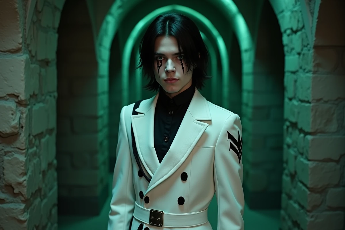 Cosplayer incarnant Ulquiorra Schiffer de Bleach en uniforme d'Espada blanc dans un couloir sombre évoquant Las Noches