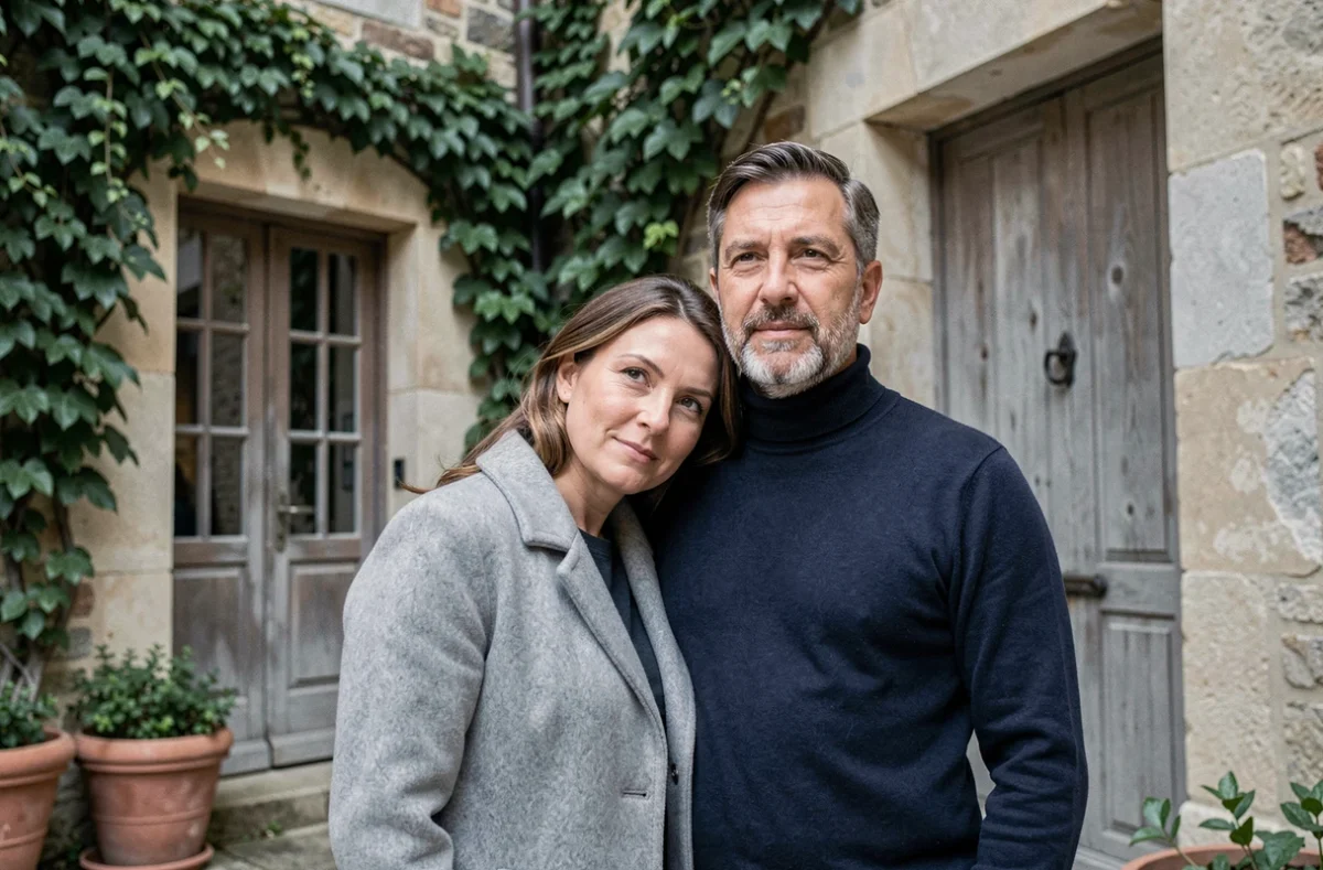 Couple complice photographié dans la cour d'une maison de caractère française, illustrant la vie de couple et l'intimité partagée d'un musicien connu