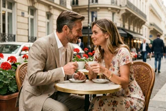Couple élégant partageant un moment intime en terrasse de café parisien, illustrant la vie privée d'un artiste français célèbre