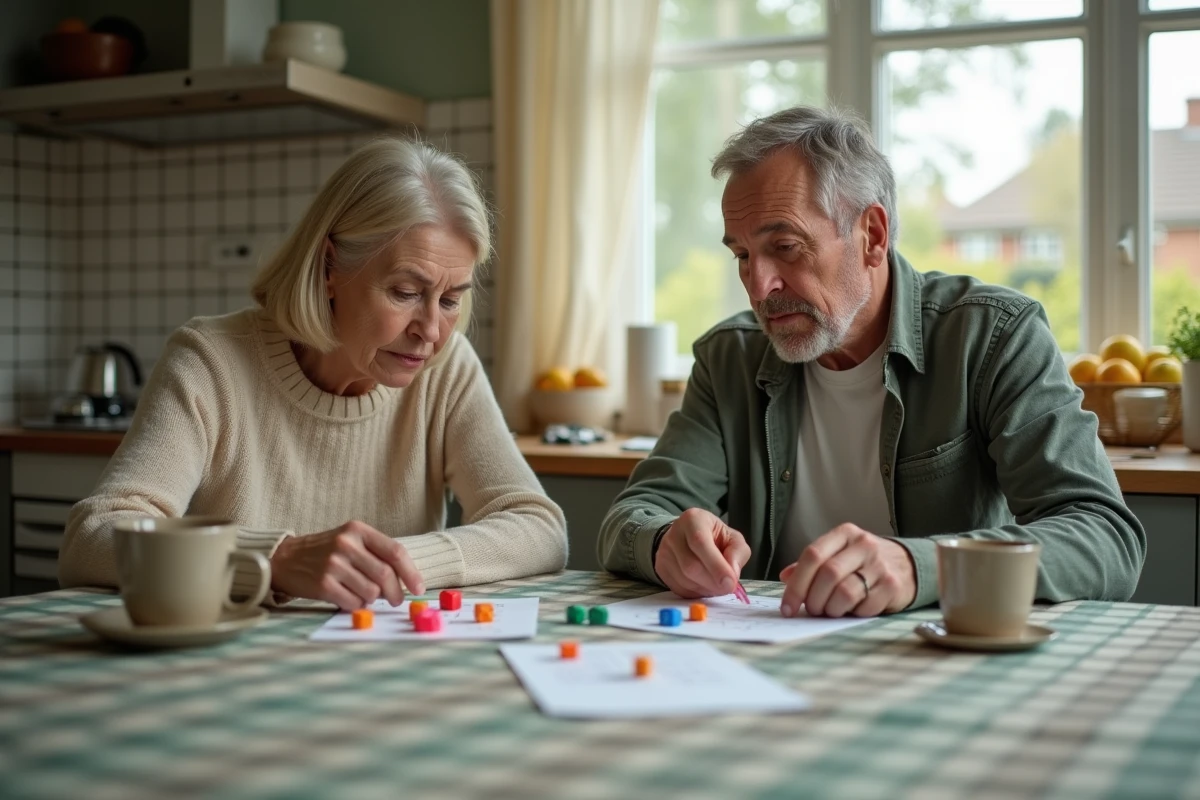 Couple d'adultes concentrés sur une partie de 421 avec des dés colorés et une feuille de score sur une table de cuisine familiale