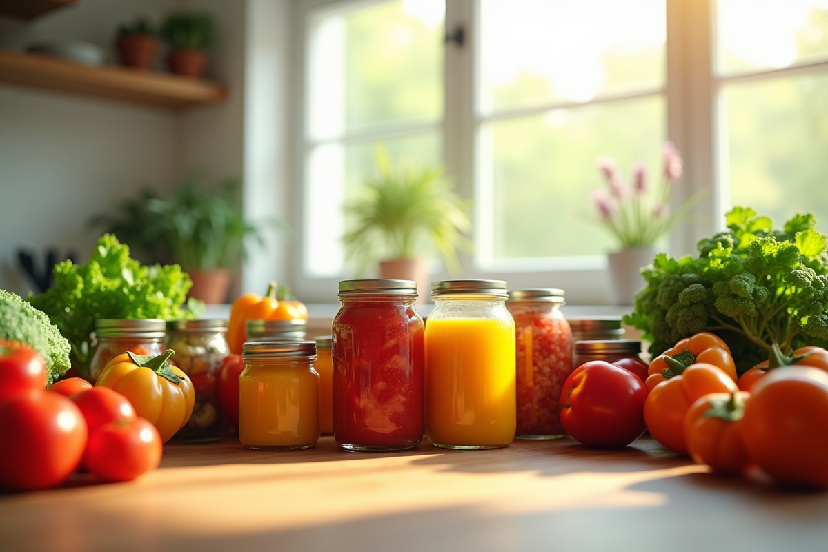 Table de cuisine avec conserves et legumes frais