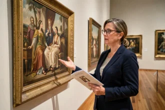 Curatrice de musée examinant une peinture allégorique du XIXe siècle représentant la notion de progrès américain