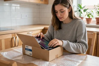 Femme déballant une tablette reconditionnée Amazon à une table de cuisine en bois, avec emballage Amazon Renewed visible