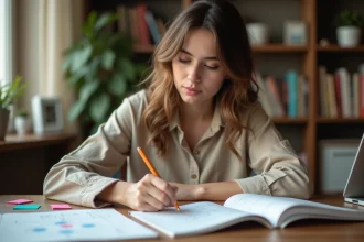 Jeune femme débutante étudiant des diagrammes et des notes sur un bureau en bois pour comprendre un nouveau concept avant de se lancer