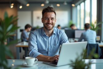Homme developpeur relaxe au bureau moderne avec ordinateur