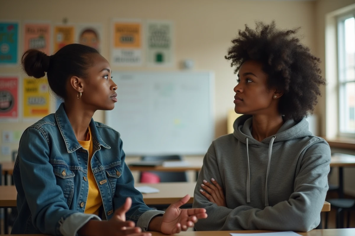 Deux jeunes adultes de cultures différentes en discussion sérieuse dans un centre communautaire, abordant les limites du langage et du racisme