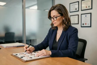 Directrice de casting professionnelle examinant des photos de figurants dans un bureau officiel de casting en 2026