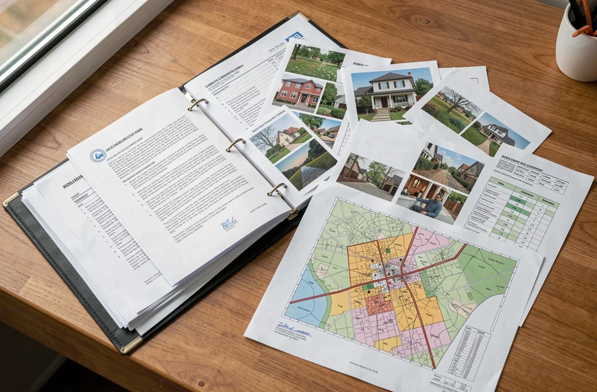 Dossier de pièces et plan cadastral posés sur un bureau de notaire