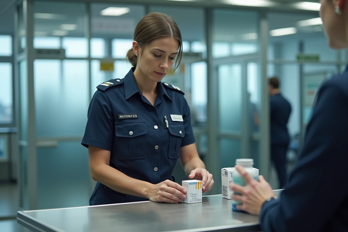Agente des douanes inspectant une cartouche de cigarettes à un poste de contrôle frontalier