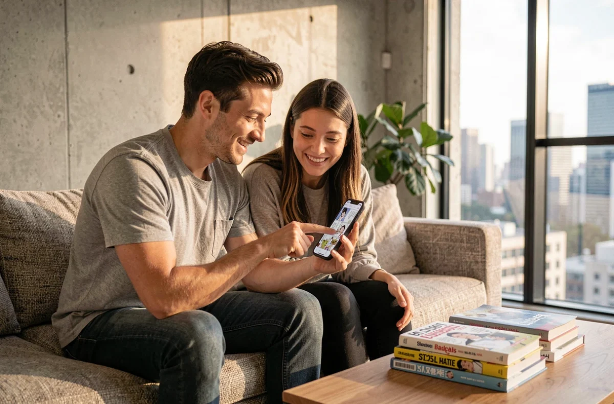Deux adultes partageant la lecture de scans manga en français sur smartphone dans un salon moderne