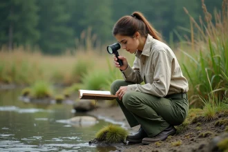 Écologue femme terrain analyse plantes aquatiques zone humide marais
