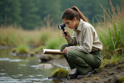 Écologue femme terrain analyse plantes aquatiques zone humide marais