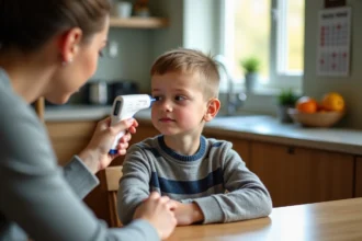 Jeune garçon avec thermometre dans la cuisine chaleureuse