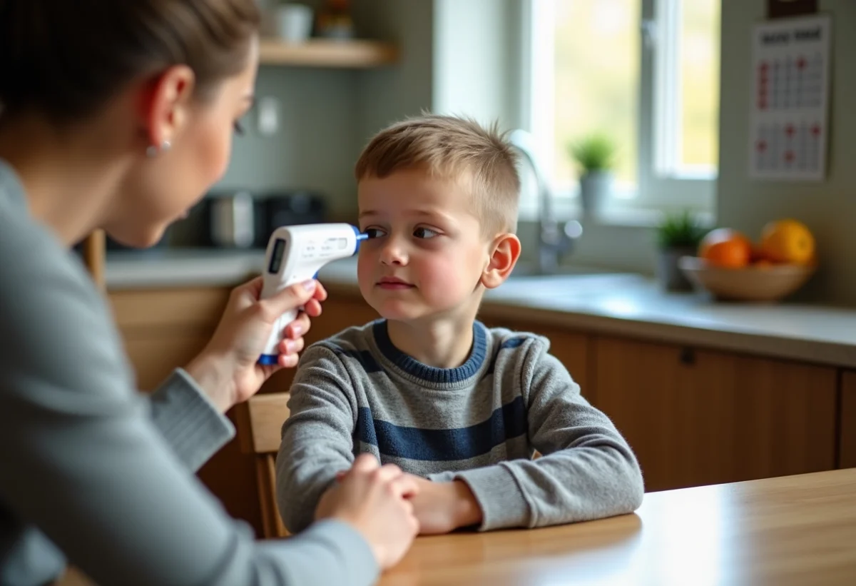 Jeune garçon avec thermometre dans la cuisine chaleureuse