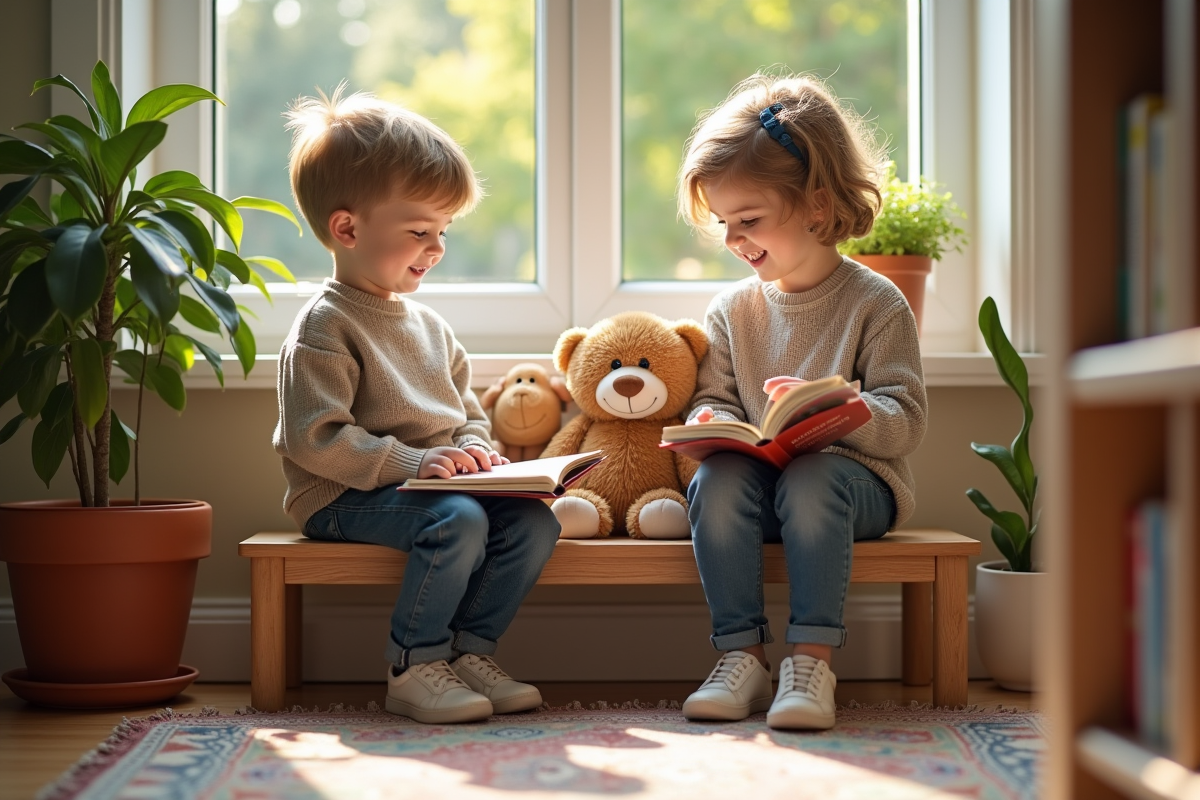 Deux enfants organisant des peluches dans un coin lecture ensoleille