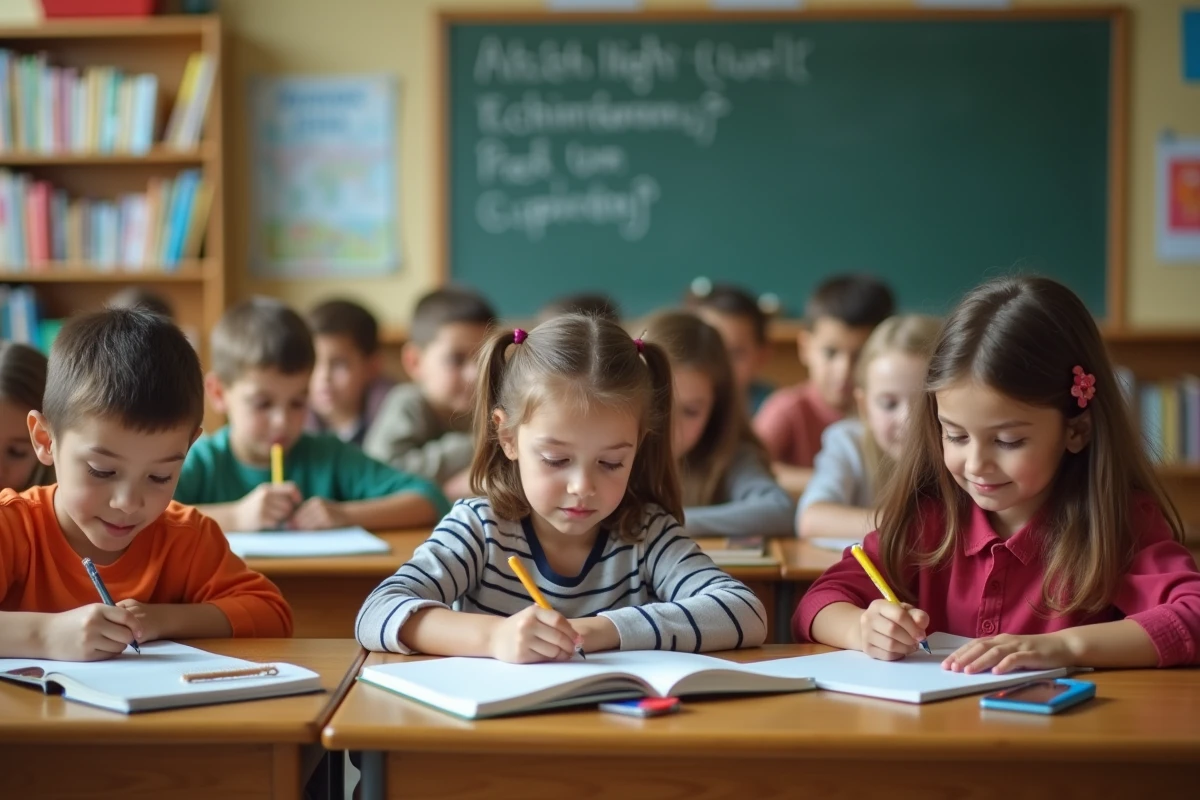 Groupe d'enfants lisant et écrivant de la poésie en classe