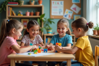 Groupe d'enfants jouant avec des blocs dans une classe
