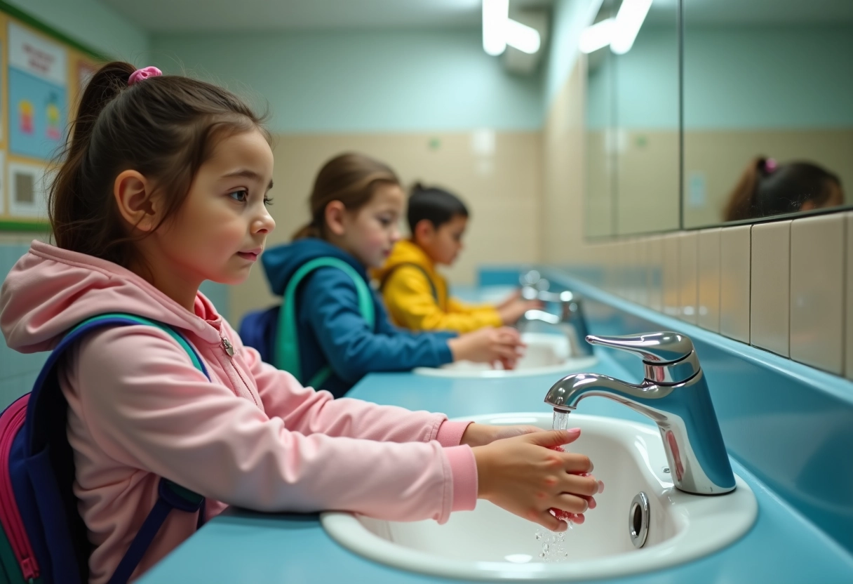 Trois enfants lavant leurs mains à l