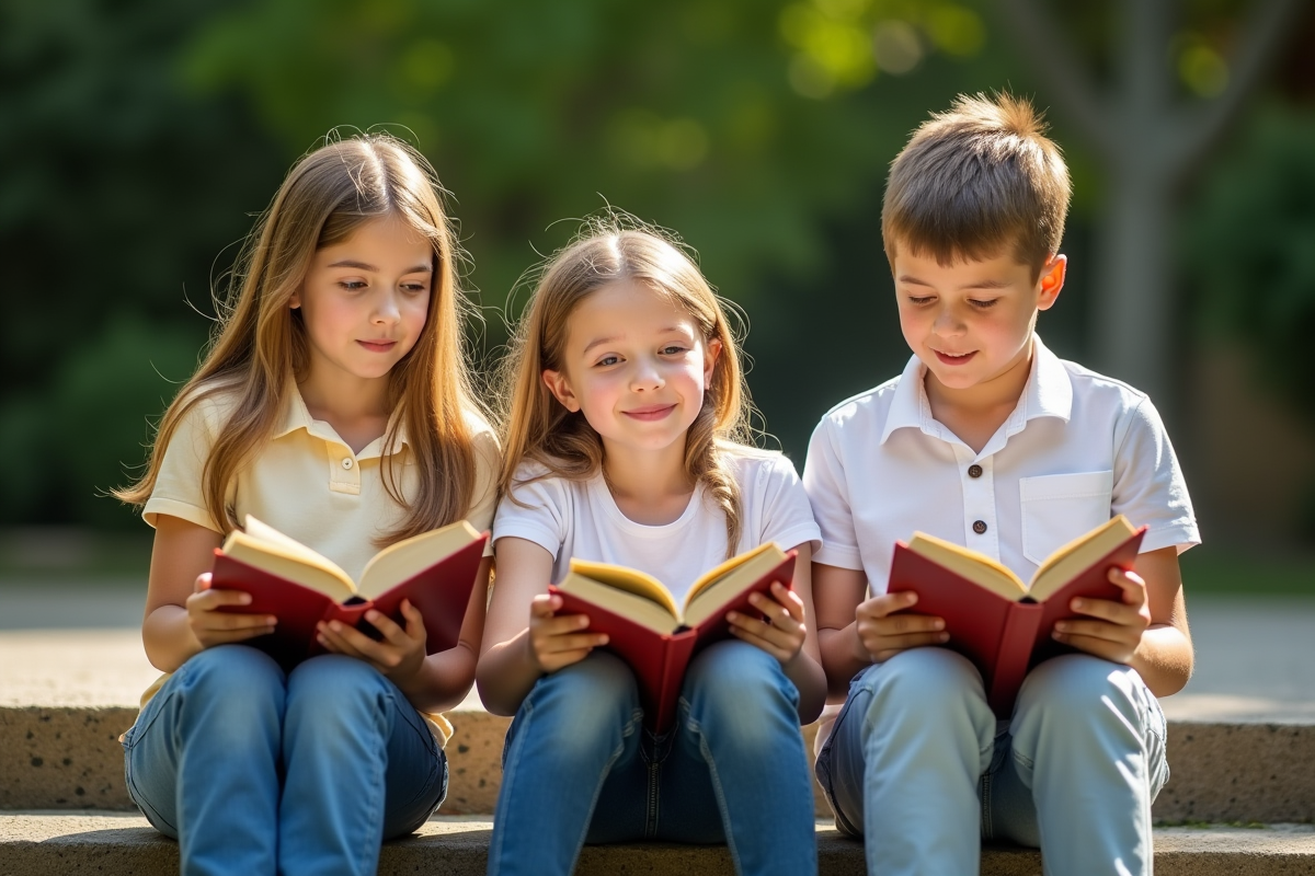 Trois enfants de divers ages lisant sur les marches d une école en plein air