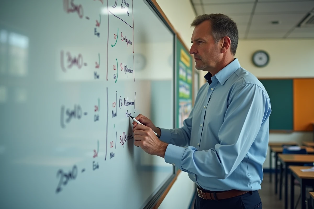 Enseignant dessinant un tableau de conversion en classe