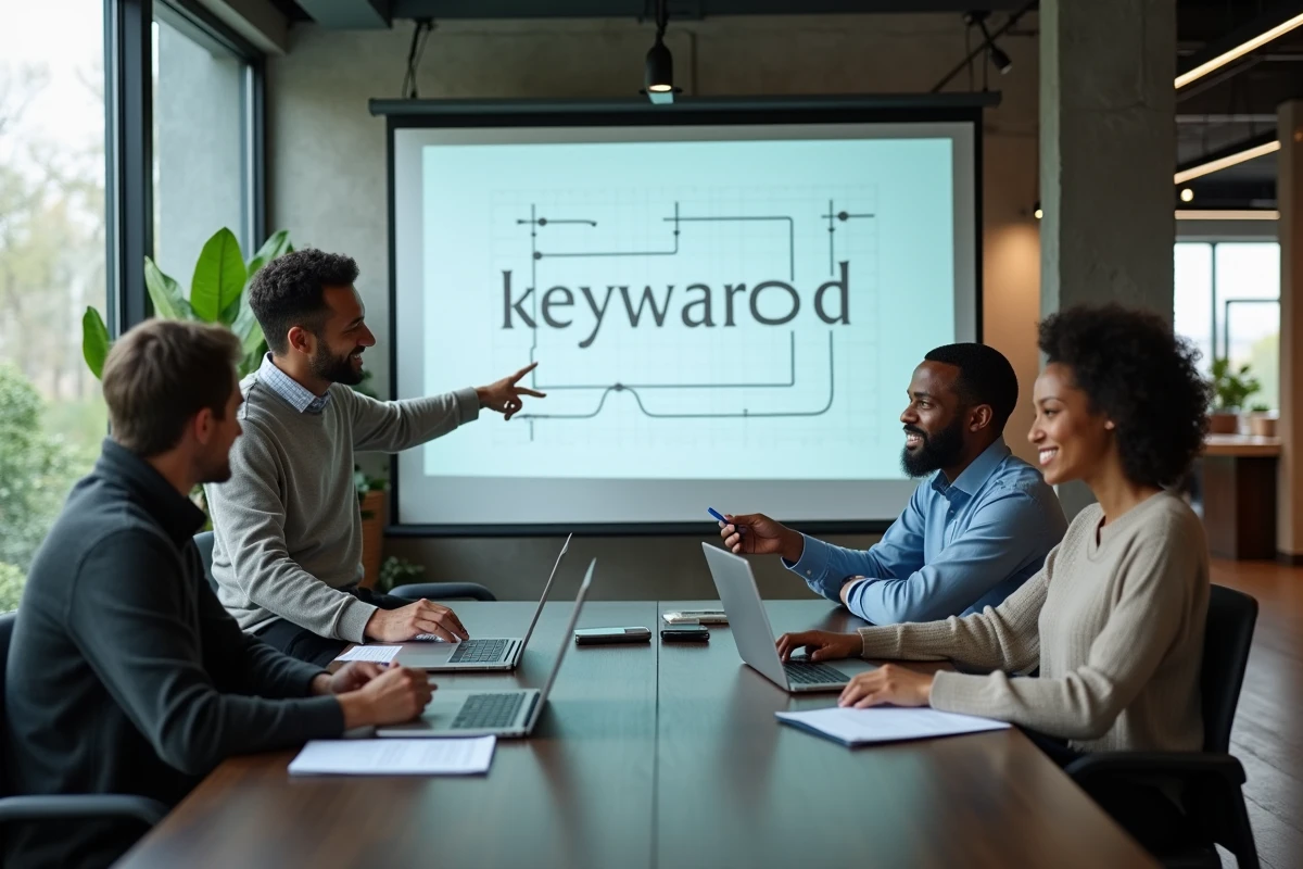 Équipe de professionnels en réunion discutant d'un terme paradigmatique clé projeté sur écran dans un espace de coworking moderne