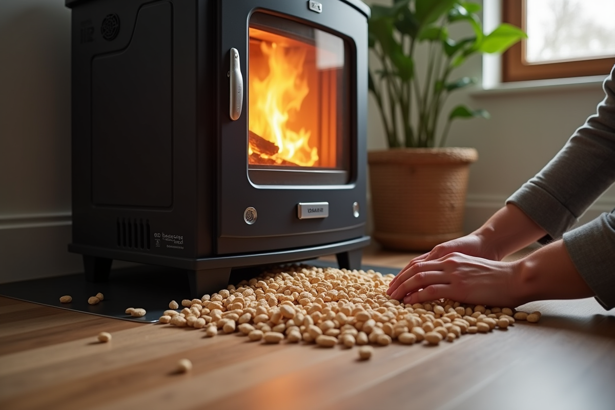 Main versant des pellets près du poêle avec icônes d