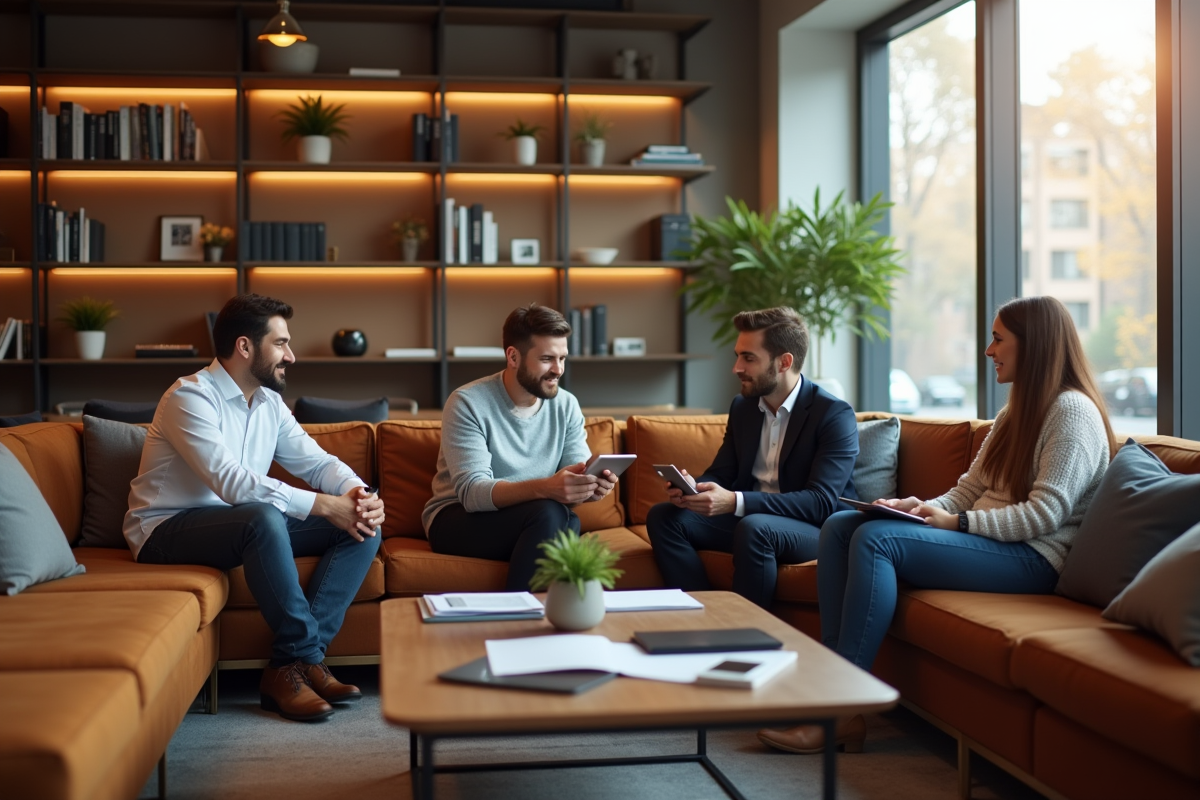 Espace lounge convivial avec employés en réunion informelle