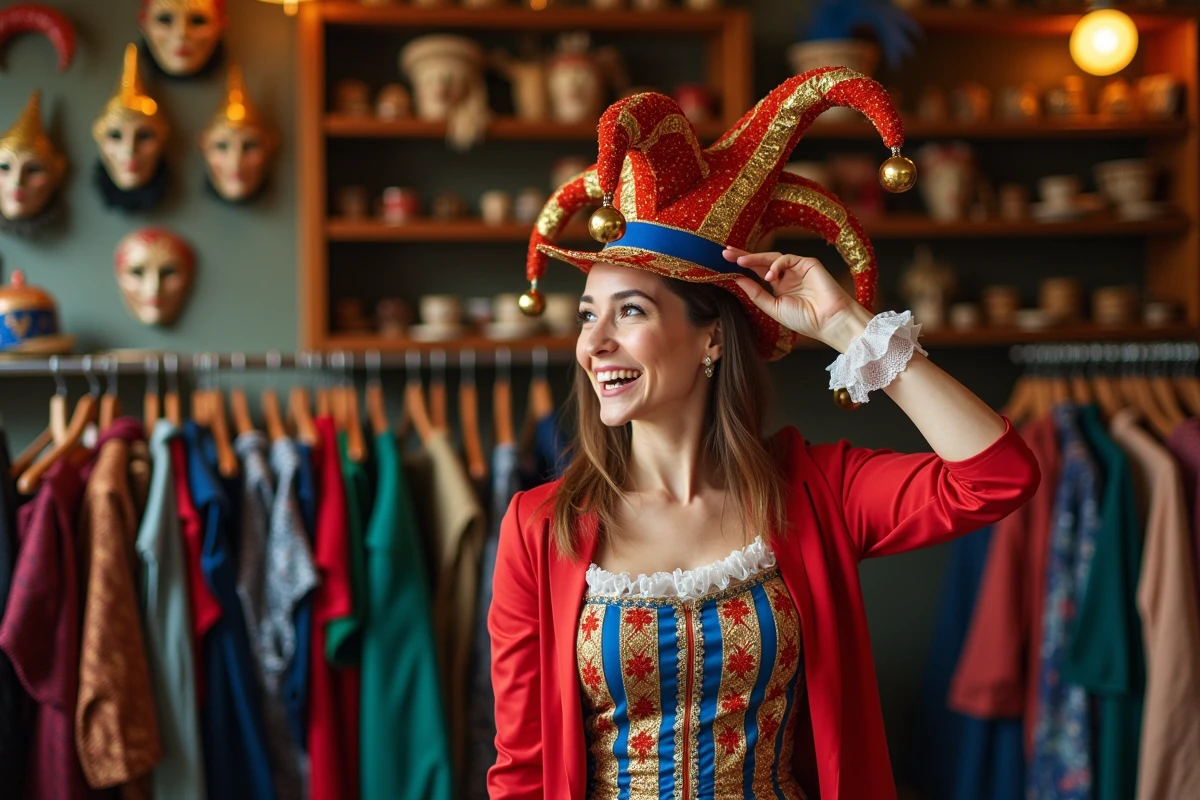 Femme essayant un costume de bouffon coloré dans une boutique de déguisements Au Clown de la République pour une soirée costumée