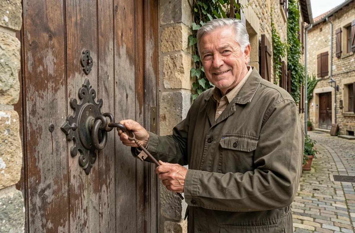 Serrurier expérimenté Roubaix Père et Fils devant une porte ancienne en pierre en Essonne
