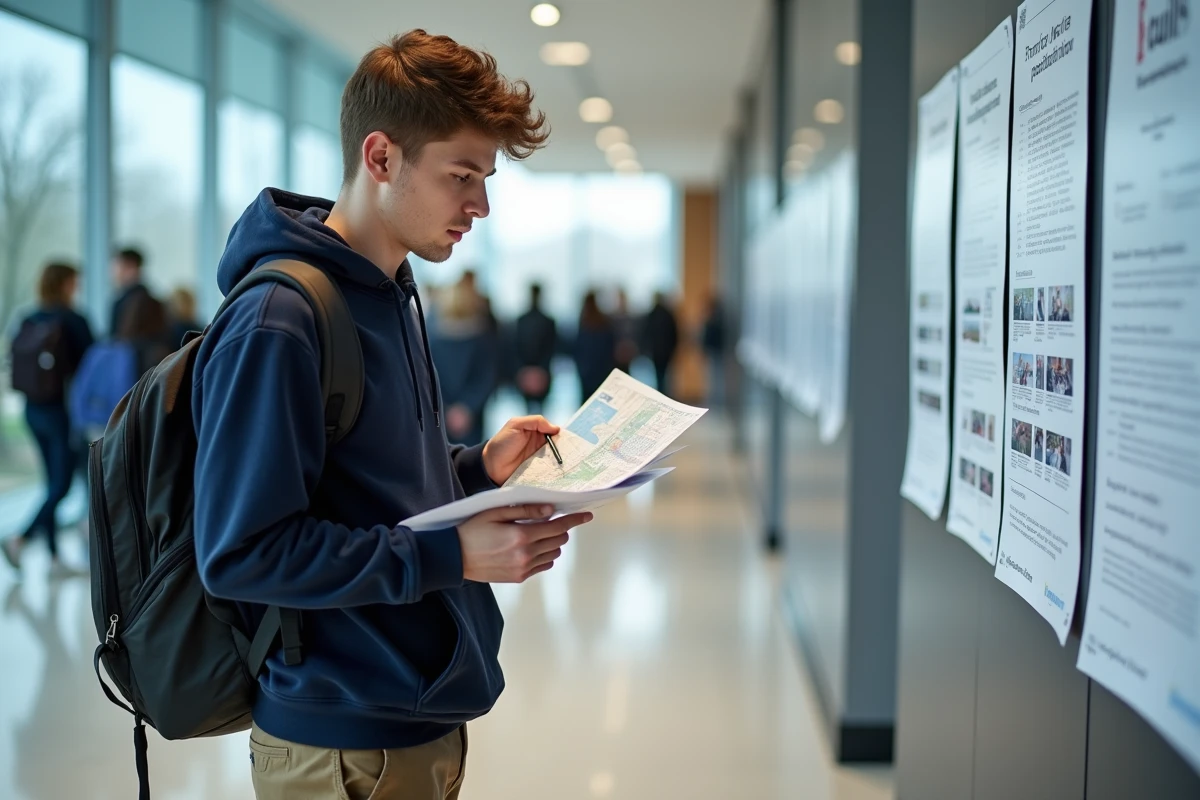 Étudiant consultant un tableau d'information lors d'une journée portes ouvertes pour choisir un BTS